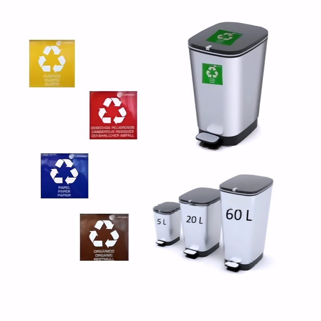 [4318130] Papelera para reciclaje en plástico cromado y negro 5 L con pedal y pegatinas residuos Chic